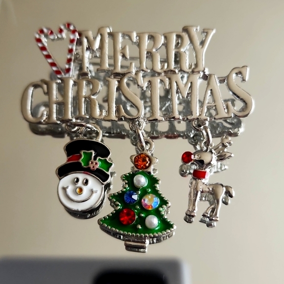 RED Green Silver Enamel and Rhinestone Christmas  Brooch - Picture 1 of 8